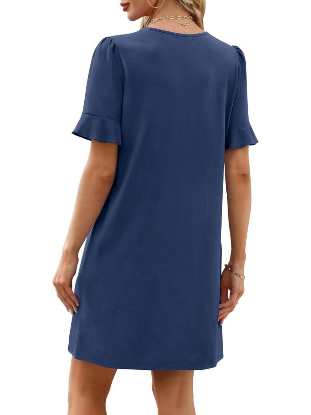 Women's Navy Blue Ruffle Short Sleeve Neck Casual  with Pockets Shift Mini Dress - Picture 5 of 5